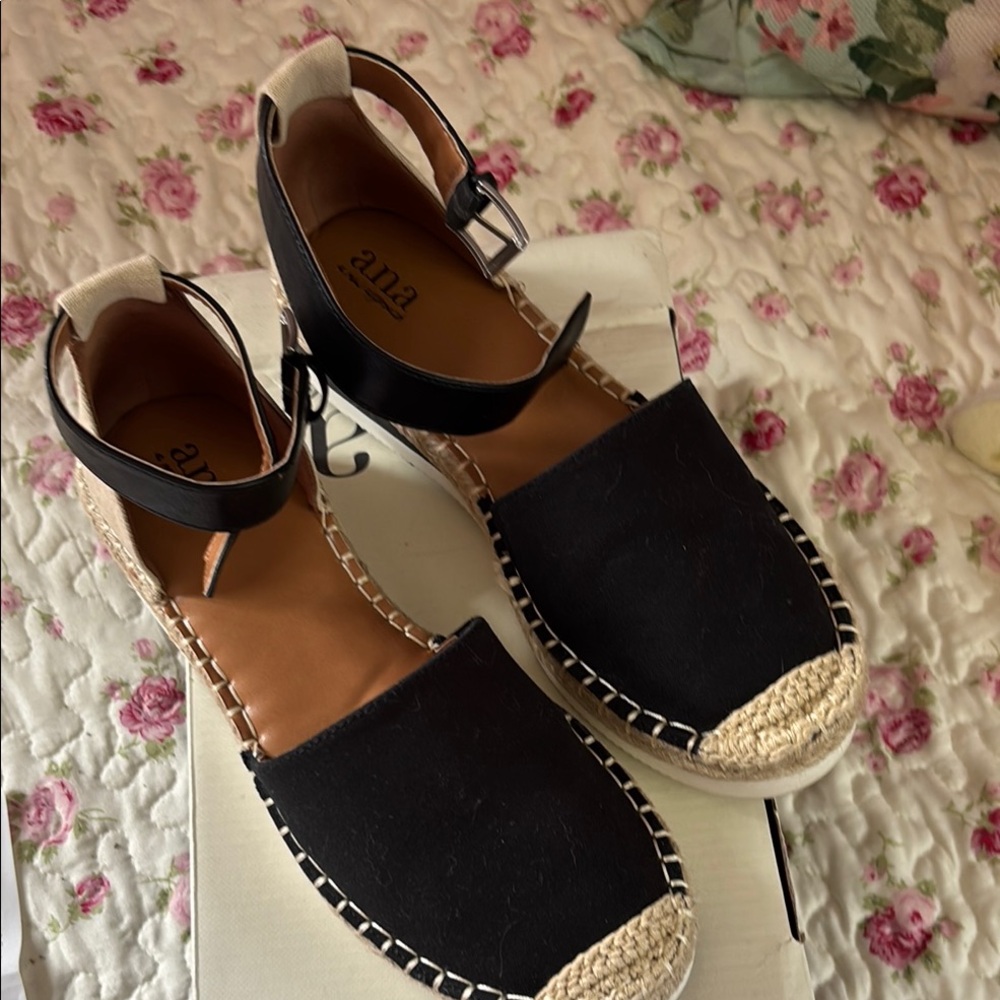 a.n.a Black and Tan Espadrille Sandals with Ankle Strap